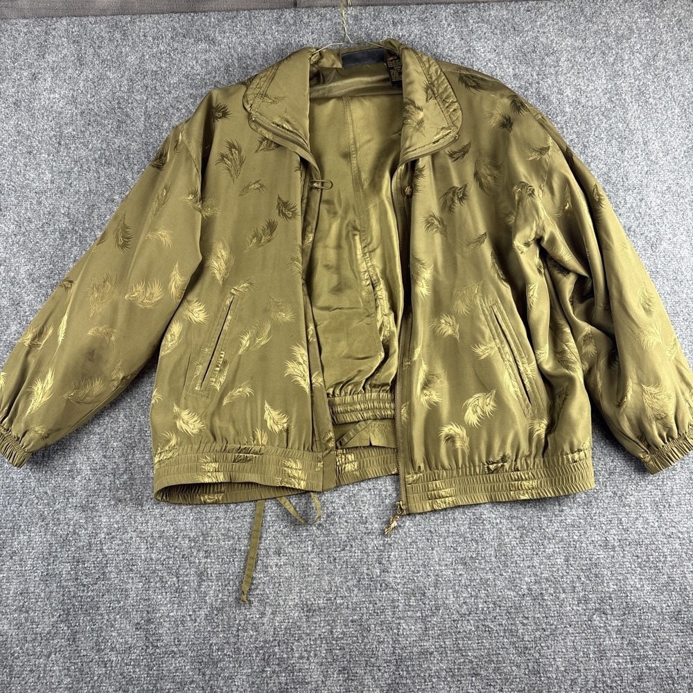 Vintage Mureli 2 Piece Silk Skirt Set Medium Olive Gold Leaf Jacquard Bomber